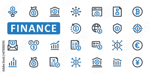 Business and finance icon set. money, dollar, investment, financial, bank, banking, profit, income, growth, payment, cash, budget, loan, icons. Thin Line Outline icon collection. Vector illustration