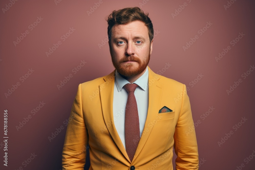 Portrait of a glad man in his 30s wearing a professional suit jacket against a pastel brown background. AI Generation