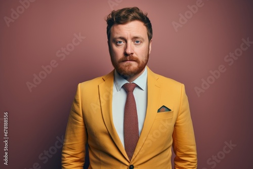 Portrait of a glad man in his 30s wearing a professional suit jacket against a pastel brown background. AI Generation