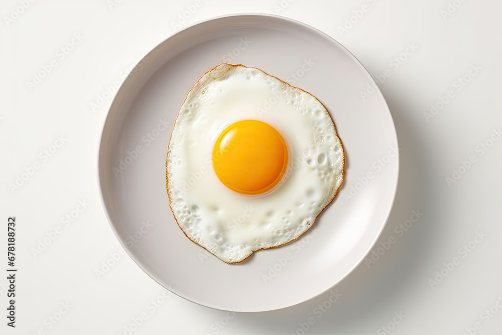 tasty one fried egg on a white plate isolated on white background, top view tasty one fried egg on a white plate isolated on white background, top view