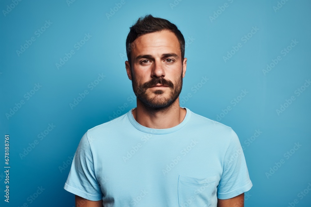 Portrait of a glad man in his 30s donning a trendy cropped top against a soft blue background. AI Generation Portrait of a glad man in his 30s donning a trendy cropped top against a soft blue background. AI Generation