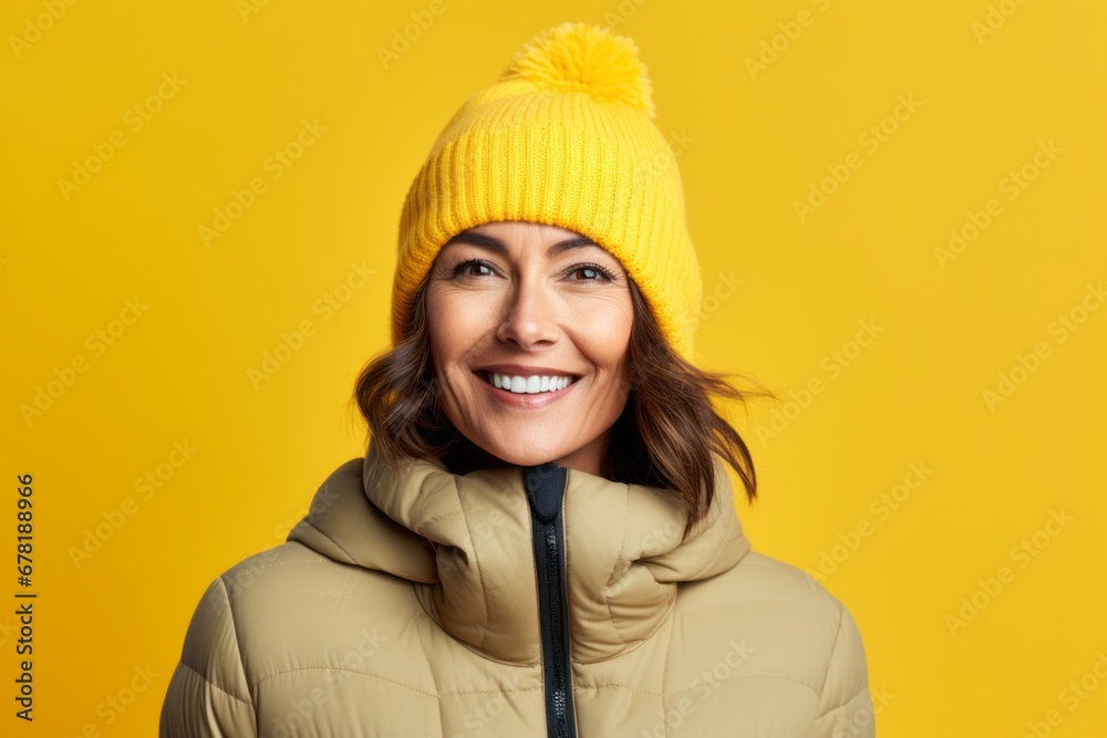 Portrait of a happy woman in her 40s dressed in a warm ski hat against a soft yellow background. AI Generation Portrait of a happy woman in her 40s dressed in a warm ski hat against a soft yellow background. AI Generation