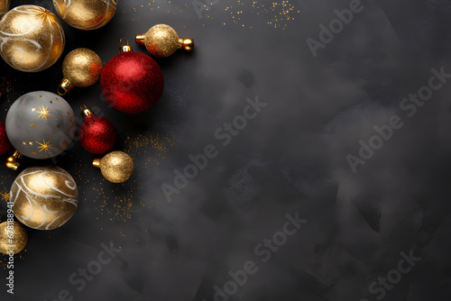 Christmas decorations on dark background. Golden and black balls, decorations, confetti. Xmas greeting card template. Happy New Year banner mockup