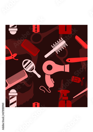 Editable Flat Monochrome Style Barber Equipment Vector Illustration Icons Seamless Pattern With Dark Background for Decorative Element of Hairdressing Related Design