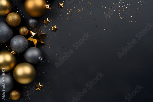 Christmas decorations on dark background. Golden and black balls, decorations, confetti. Xmas greeting card template. Happy New Year banner mockup