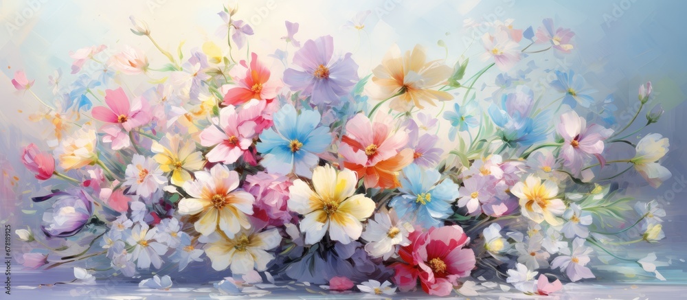 In the background of an isolated garden a white floral design combining pink blue and yellow flowers was gracefully brushed onto a canvas depicting the beauty of nature in the spring In the background of an isolated garden a white floral design combining pink blue and yellow flowers was gracefully brushed onto a canvas depicting the beauty of nature in the spring