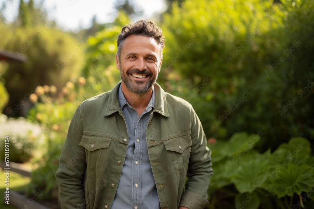 Portrait of a cheerful man in his 40s sporting a rugged denim jacket against a soft green background. AI Generation Portrait of a cheerful man in his 40s sporting a rugged denim jacket against a soft green background. AI Generation
