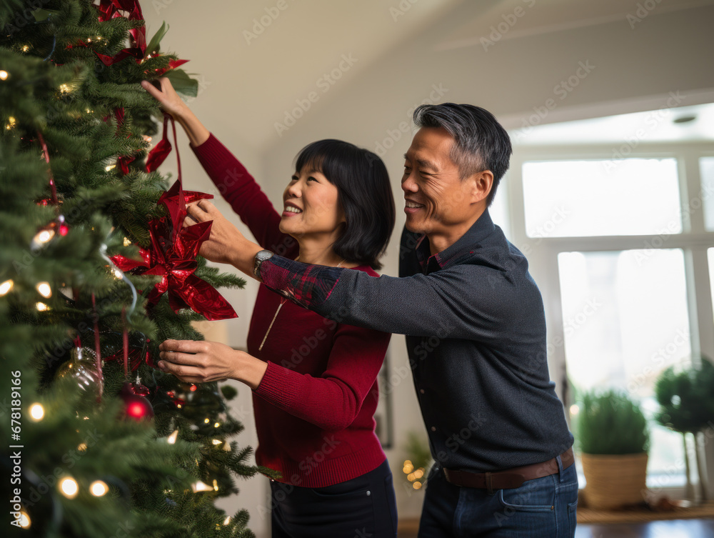 A couple were doing Christmas decorations in the living room