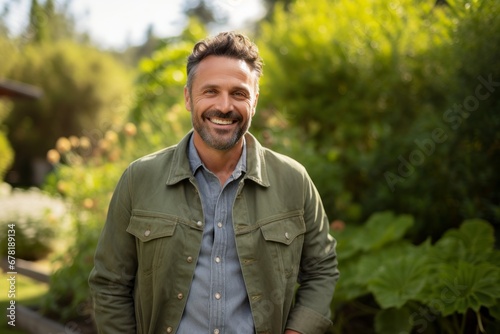 Portrait of a cheerful man in his 40s sporting a rugged denim jacket against a soft green background. AI Generation