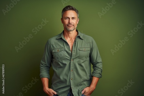 Portrait of a tender man in his 40s sporting a versatile denim shirt against a soft green background. AI Generation
