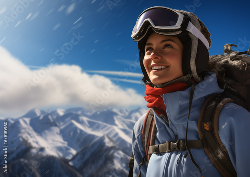 A young girl in a ski mask stands on a snowy slope