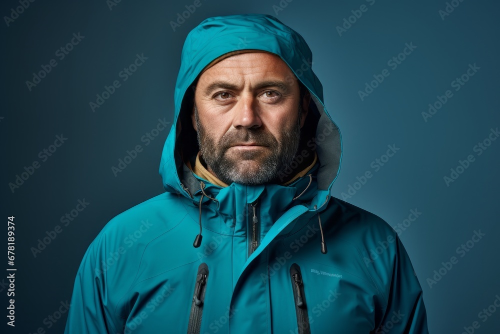 Portrait of a content man in his 40s wearing a windproof softshell against a soft teal background. AI Generation Portrait of a content man in his 40s wearing a windproof softshell against a soft teal background. AI Generation