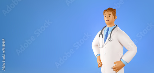 3D Doctor Vector Banner. Cartoon Male Character of Therapist in a white coat on blue background