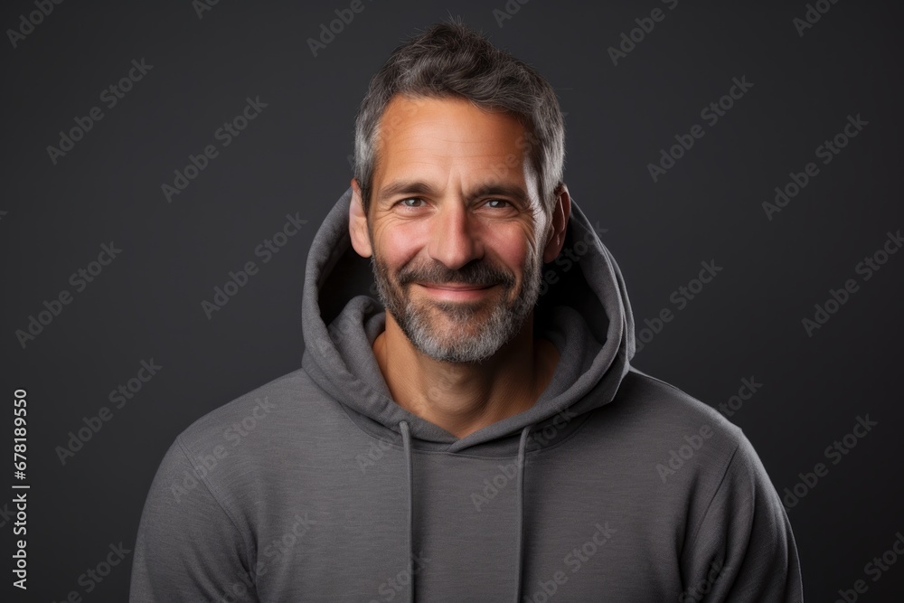 Portrait of a blissful man in his 40s sporting a comfortable hoodie against a soft gray background. AI Generation