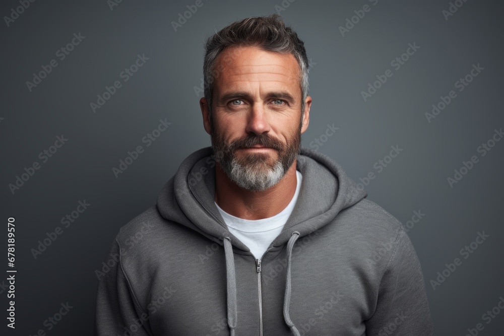 Portrait of a blissful man in his 40s sporting a comfortable hoodie against a soft gray background. AI Generation Portrait of a blissful man in his 40s sporting a comfortable hoodie against a soft gray background. AI Generation