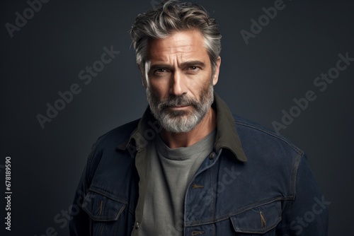 Portrait of a content man in his 50s sporting a rugged denim jacket against a soft gray background. AI Generation
