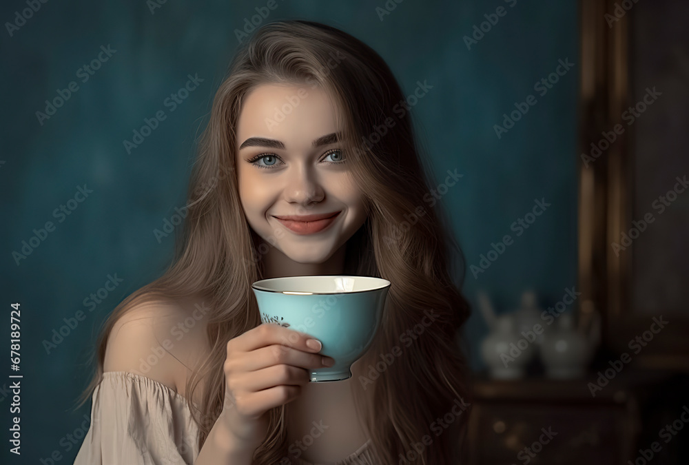 A Moment of Serenity: A Woman Holding a Blue Teacup in a Vintage Setting, ai generative A Moment of Serenity: A Woman Holding a Blue Teacup in a Vintage Setting, ai generative