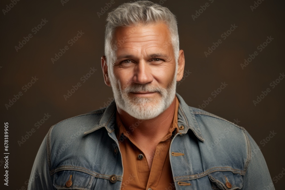 Portrait of a blissful man in his 60s wearing a rugged jean vest against a soft brown background. AI Generation