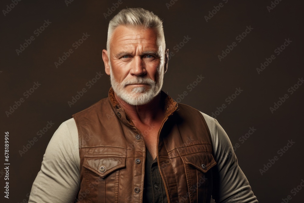 Portrait of a blissful man in his 60s wearing a rugged jean vest against a soft brown background. AI Generation