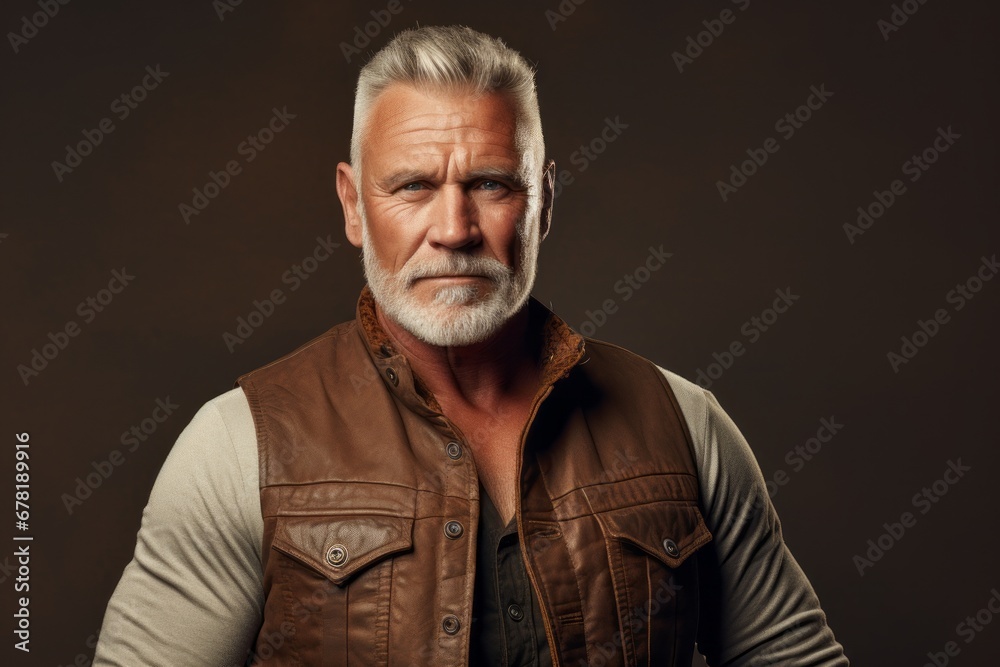 Portrait of a blissful man in his 60s wearing a rugged jean vest against a soft brown background. AI Generation Portrait of a blissful man in his 60s wearing a rugged jean vest against a soft brown background. AI Generation