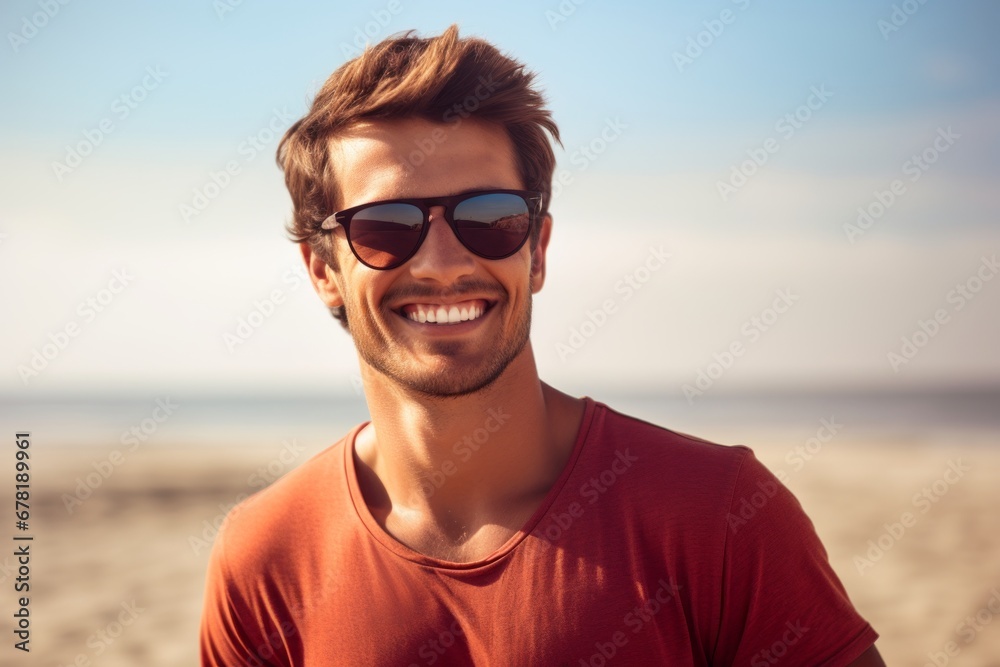 Portrait of a grinning man in his 30s wearing a trendy sunglasses against a sandy beach background. AI Generation Portrait of a grinning man in his 30s wearing a trendy sunglasses against a sandy beach background. AI Generation