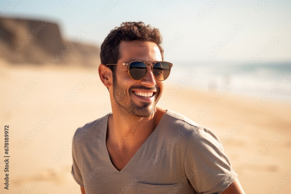 Portrait of a grinning man in his 30s wearing a trendy sunglasses against a sandy beach background. AI Generation Portrait of a grinning man in his 30s wearing a trendy sunglasses against a sandy beach background. AI Generation