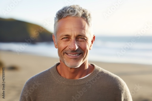 Portrait of a smiling man in his 50s wearing a cozy sweater against a sandy beach background. AI Generation
