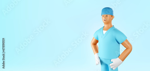 3D Orderly Vector Banner. Cartoon Character of Male Nurse on blue background