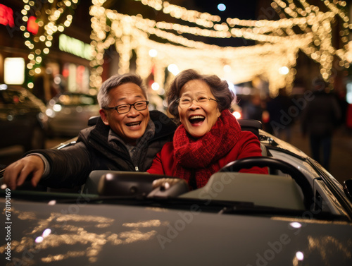 A couple in a convertible on Christmas Eve