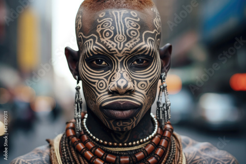 Portrait of tribal African man on city street