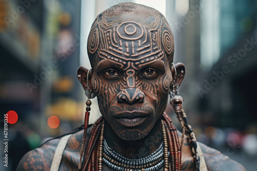 Portrait of tribal African man on city street