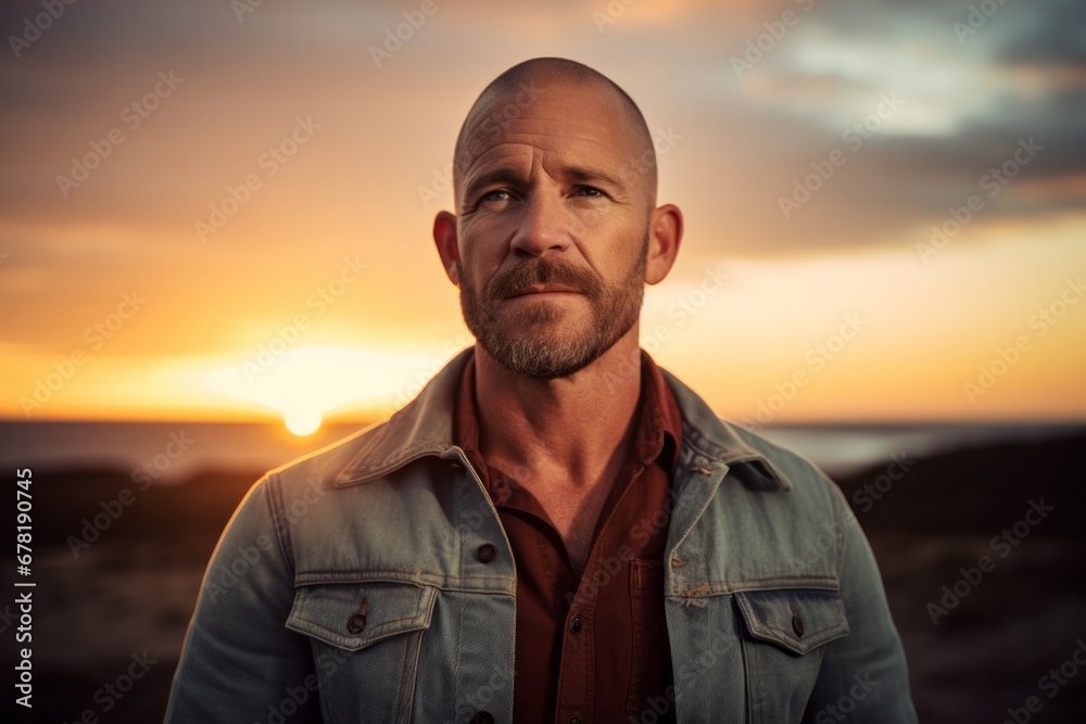 Portrait of a jovial man in his 40s sporting a versatile denim shirt against a stunning sunset beach background. AI Generation Portrait of a jovial man in his 40s sporting a versatile denim shirt against a stunning sunset beach background. AI Generation