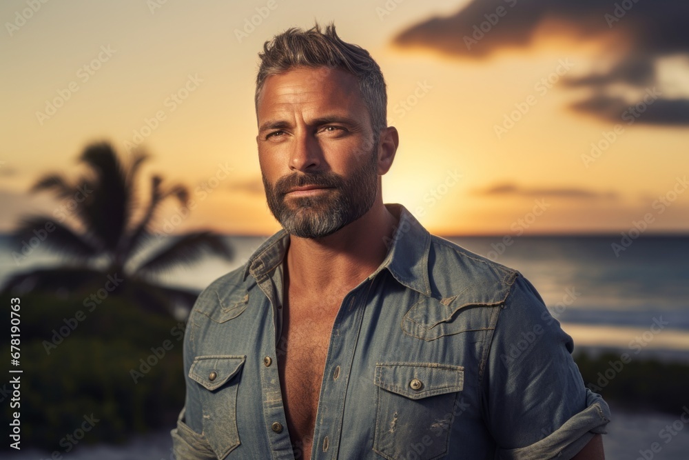 Portrait of a jovial man in his 40s sporting a versatile denim shirt against a stunning sunset beach background. AI Generation Portrait of a jovial man in his 40s sporting a versatile denim shirt against a stunning sunset beach background. AI Generation