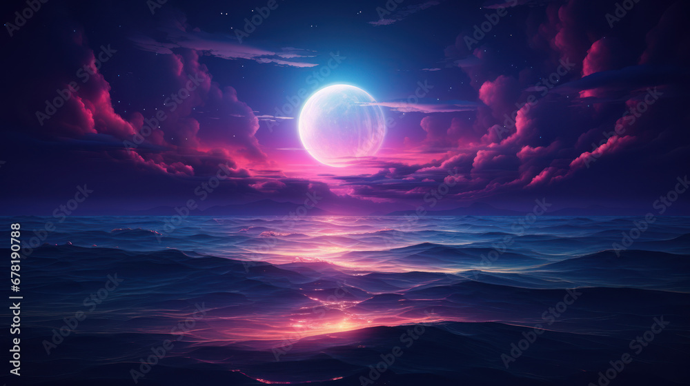 Surreal Pink Moonlight Horizon Generative AI.