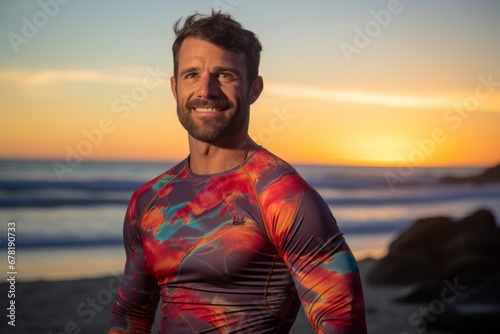 Portrait of a content man in his 30s showing off a vibrant rash guard against a stunning sunset beach background. AI Generation