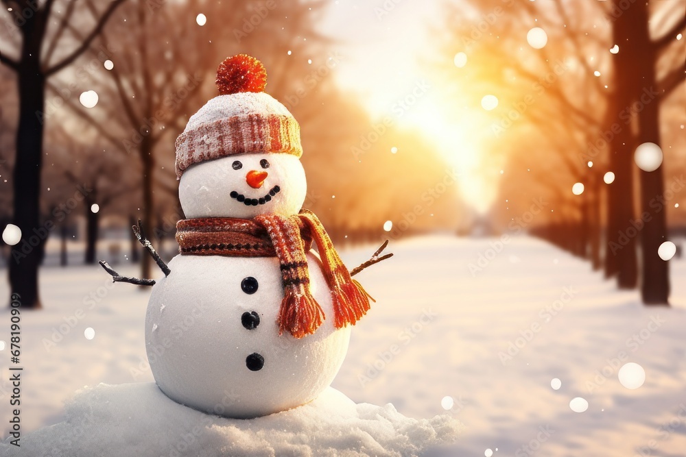 cute snowman under the snow in a park at Christmas time