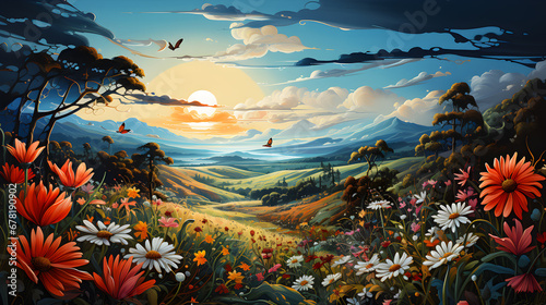 A wide open landscape filled with flowers on a bright morning.