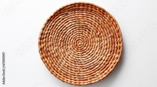Circular wicker texture background, wicker basket isolated on white, top view