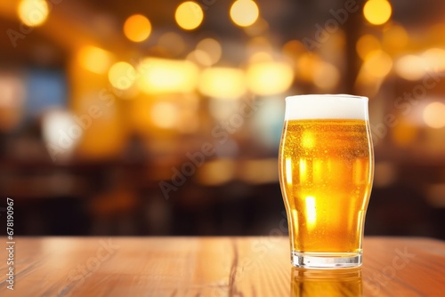 close up shot of a beer glass on table against blurred background