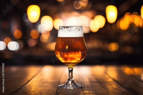 close up shot of a beer glass on table against blurred background