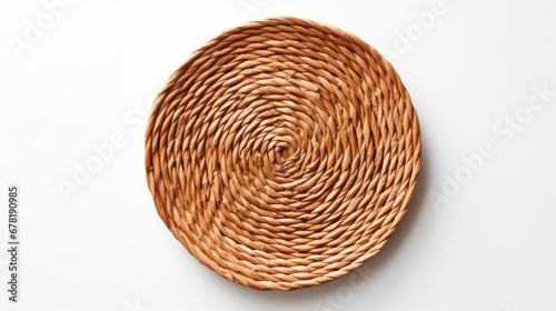 Circular wicker texture background, wicker basket isolated on white, top view