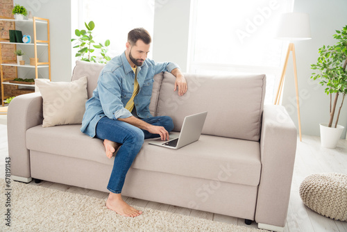 Принти на полотні Full size profile photo of positive person sit on couch look use laptop have goo