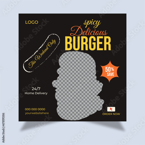 Spicy delicious burger and food menu social media post for food promotion simple banner template.