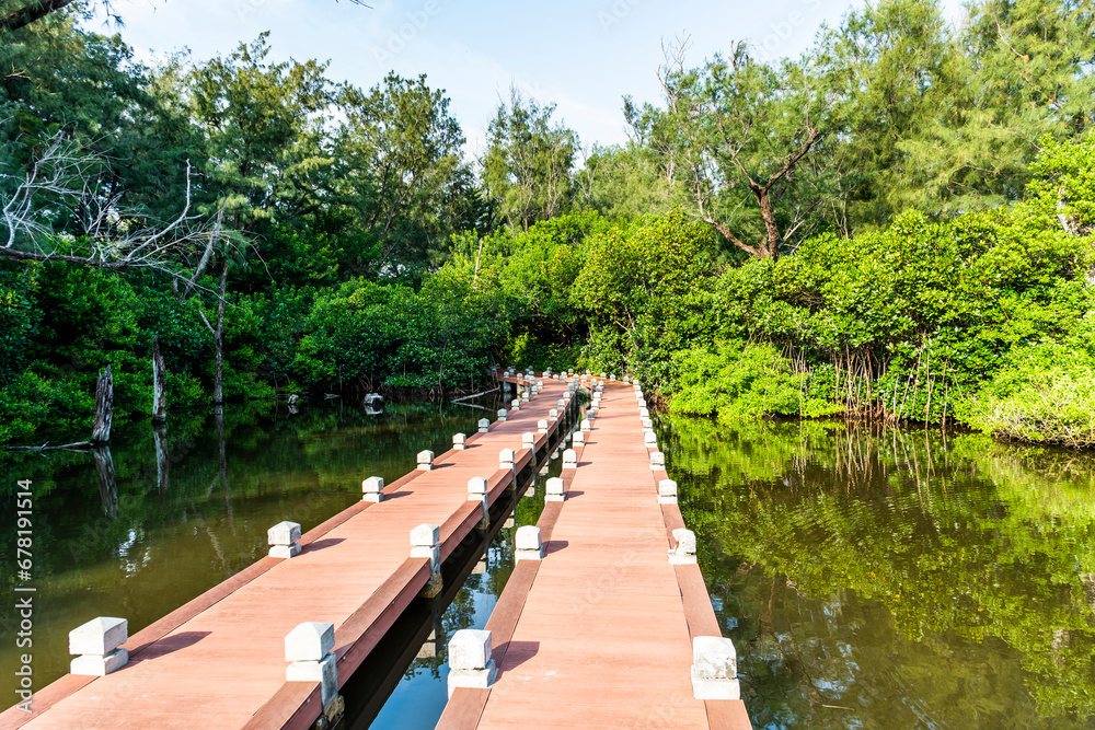 View of the mangrove ecological boardwalks at Shuangchun Seaside Recreational Area in Beimen, Tainan, Taiwan.