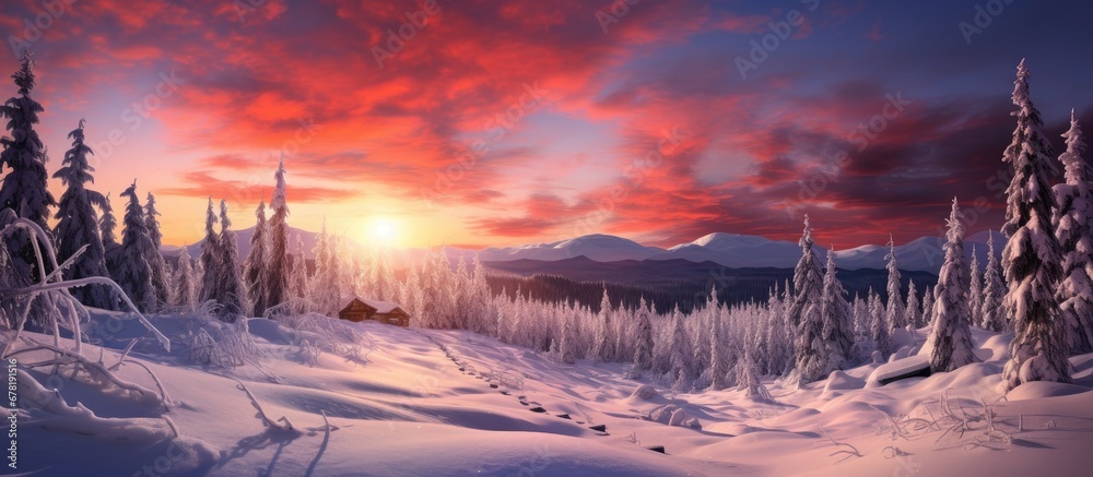 In the background the Christmas sky was painted with shades of pink purple and orange as they embarked on a travel adventure through the enchanting winter landscape The snow covered the fore
