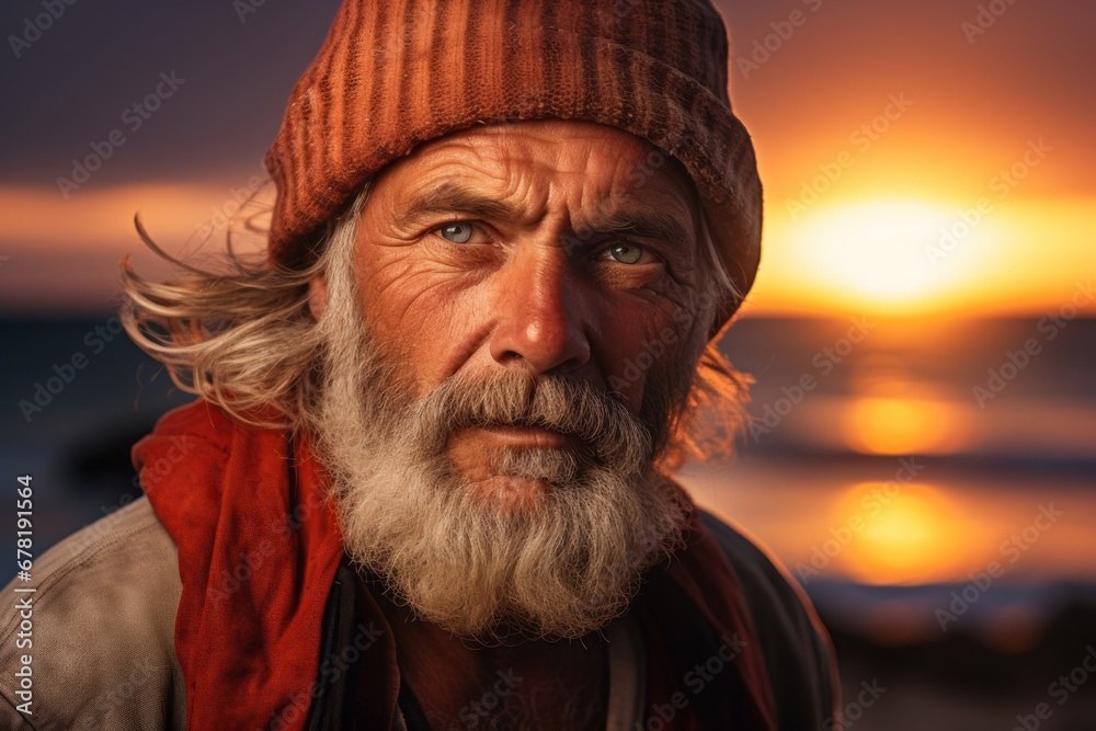 Portrait of a tender man in his 60s wearing a versatile buff against a stunning sunset beach background. AI Generation Portrait of a tender man in his 60s wearing a versatile buff against a stunning sunset beach background. AI Generation