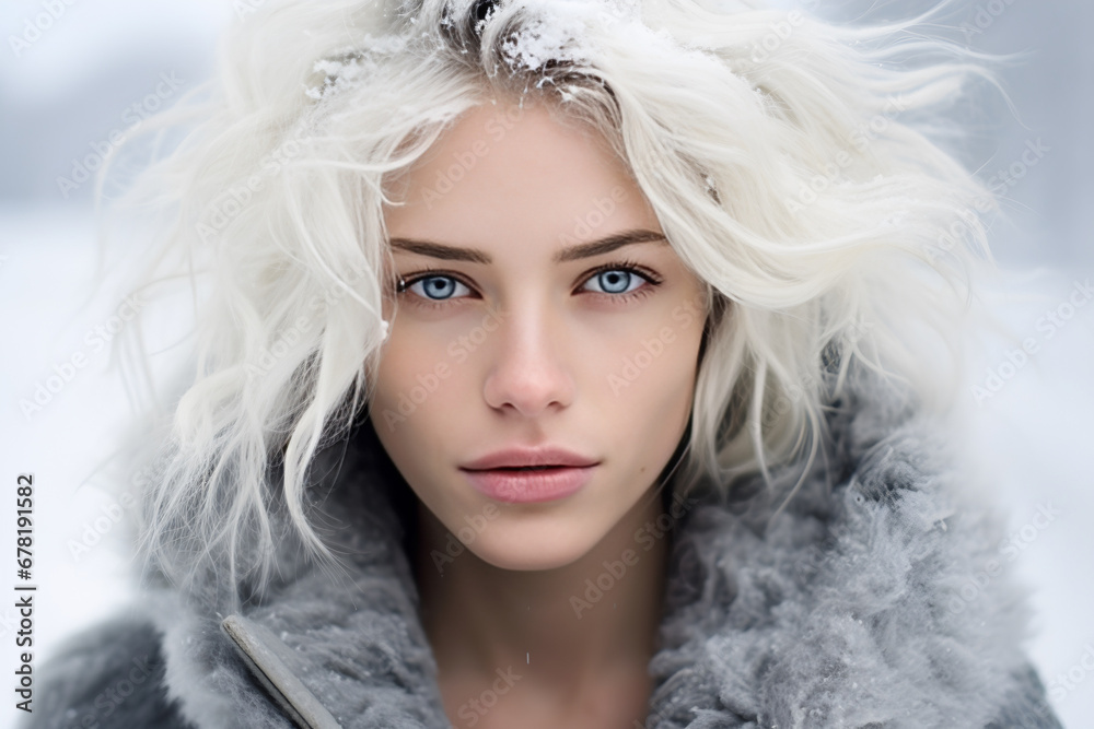 
A close-up portrait of a young American fashion model with white messy hair in winter snow. 