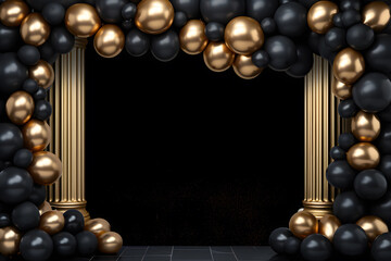 Golden frame with gold and black balloons with sparkles on black background