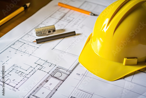 construction helmet and blueprint, Close up of architecture project of building and yellow helmet over design equipment. business, architecture, design and work.