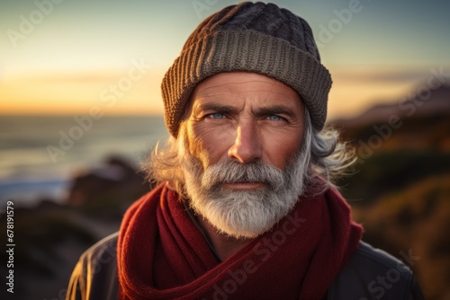 Portrait of a tender man in his 60s wearing a versatile buff against a stunning sunset beach background. AI Generation